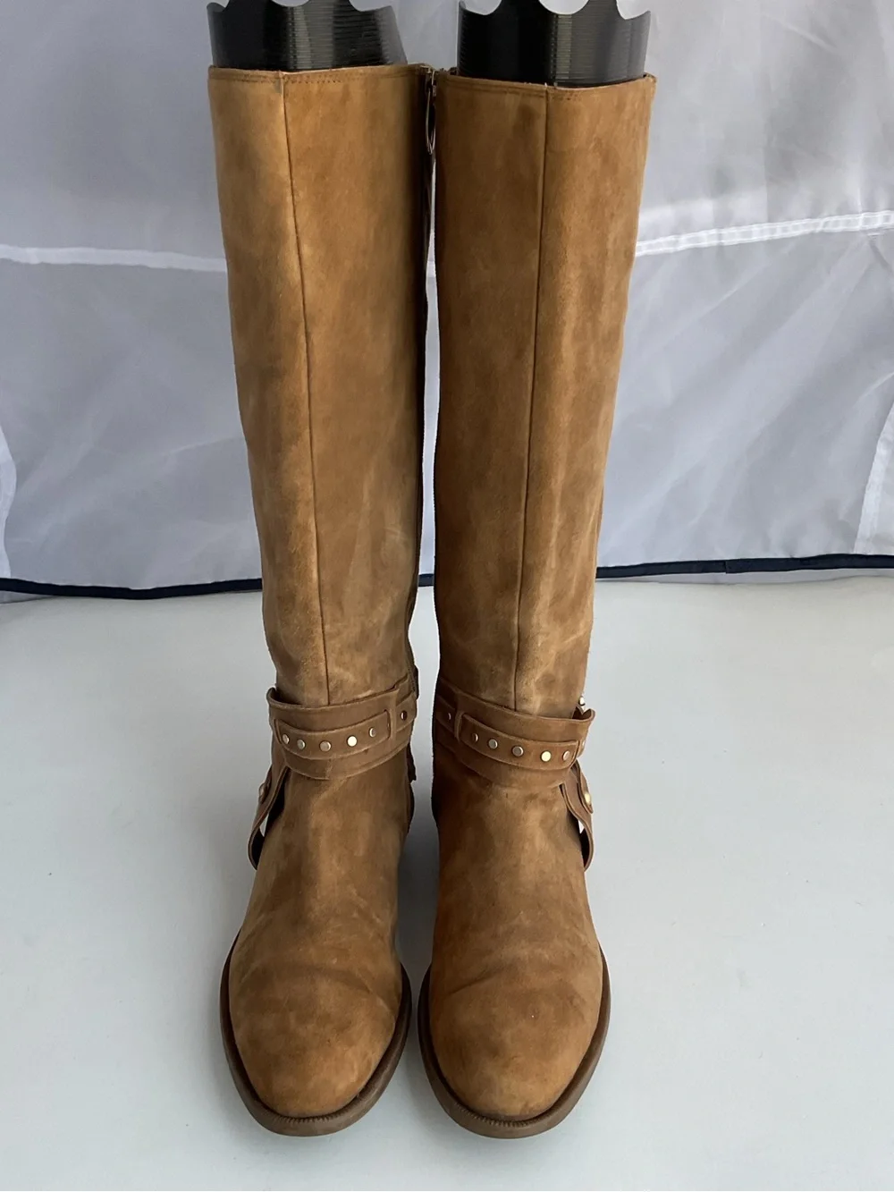Nine West Luciana Tan Suede Studded Ankle Straps Riding Boots Women’s Size 6.5M